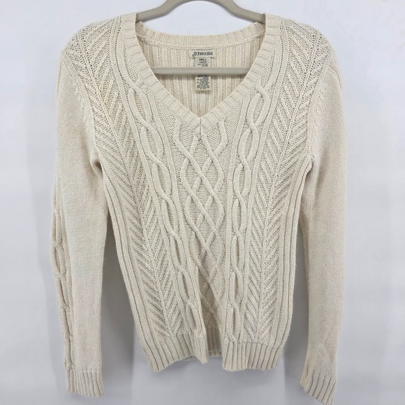St. John's Bay Sweaters - ST JOHNS BAY Womens Small Cream Cable Knit V Neck Sweater Angora Blend Sparkle